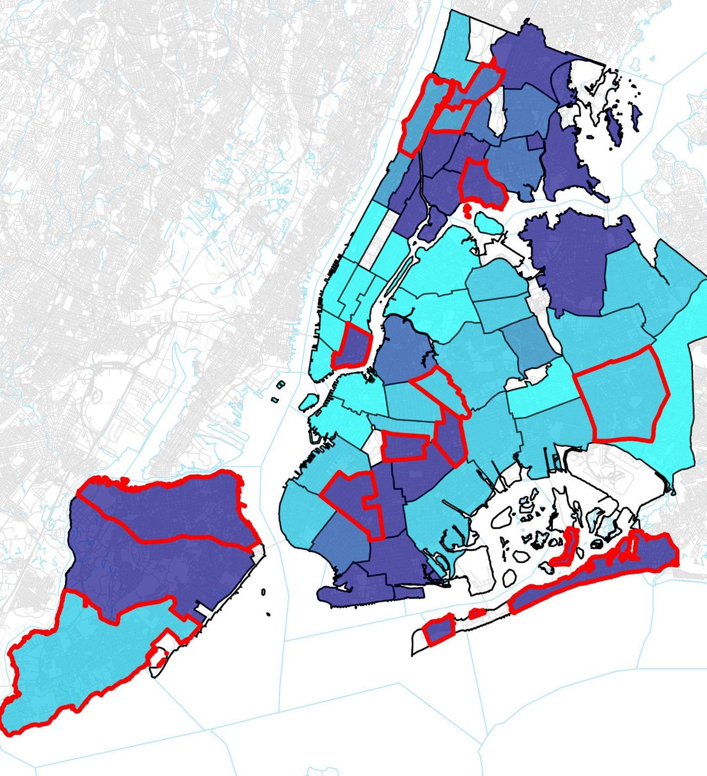 Map of New York City showing 'Internet Deserts' and priority intervention zones defined by the 2020 Internet Master Plan.